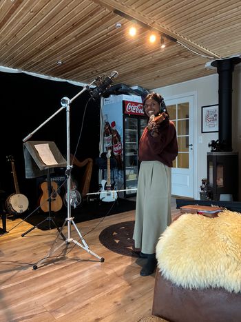 Angela Kivle in the studio playing violin for "This Is Who I Am" and "White Roses"

