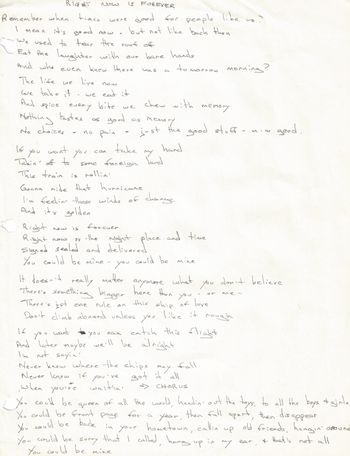 The original hand written lyrics for "Right Now is Forever"
