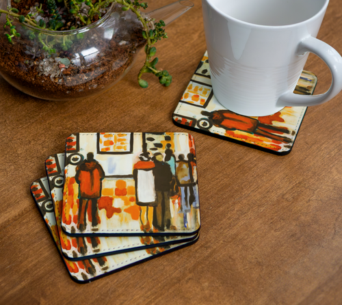 coasters featuring 60s era gallery crowd viewing paintings, by Canadian artist, Lucie Walker