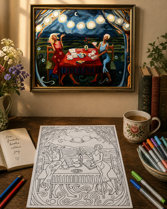 Lucie Walker original painting Book Club next to an adapted colouring page from Women & Whimsy Colouring Book