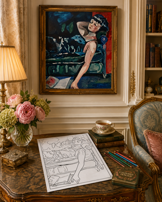 Original Lucie Walker painting, Lounge, next to a colouring page adapted for Women & Whimsy Colouring Book