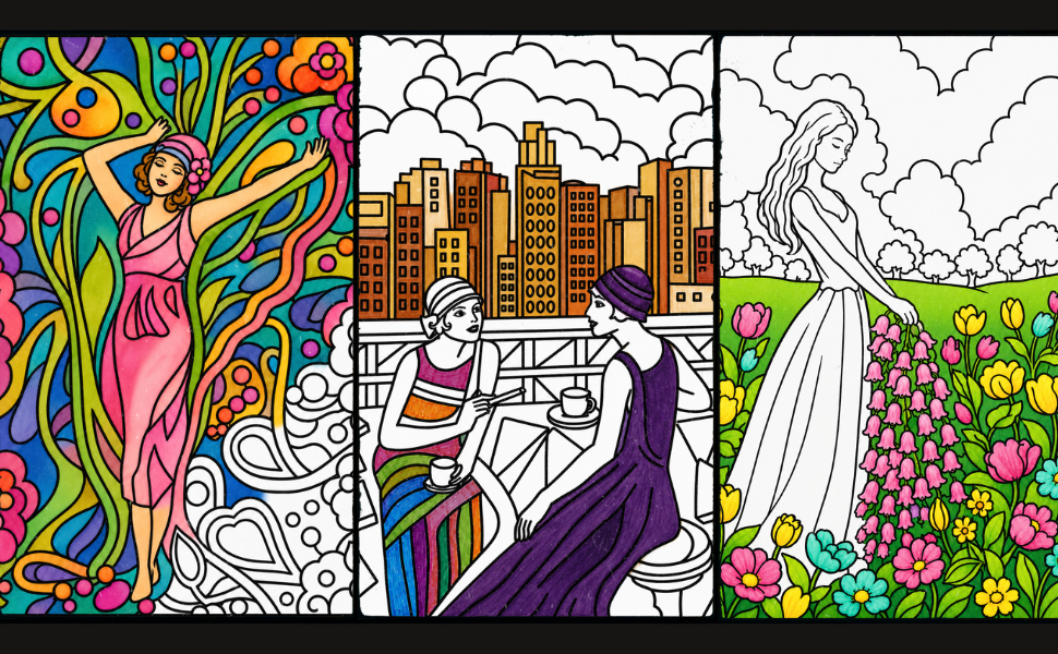 Women & Whimsy original paintings alongside the colouring pages they inspired, created by Lucie Walker.