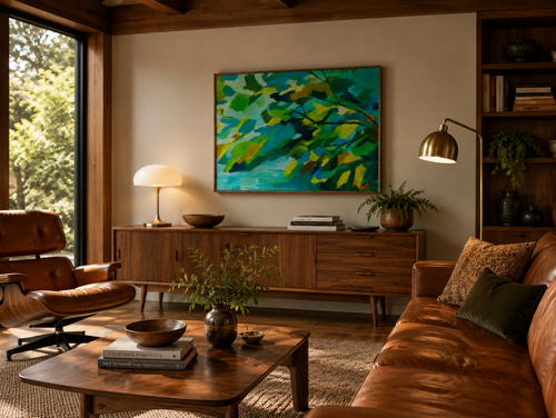 large abstract  painting of foliage by Canadian artist, Lucie Walker,  in a mid-century modern teak living room 