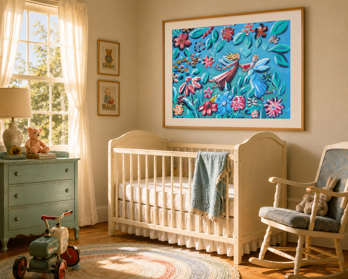 large framed print of friendship fairies  by Canadian artist, Lucie Walker hanging over a crib in a nursery