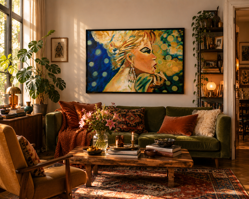 Large framed print of Going Out, by Canadian artist, Lucie Walker, in a mockup of a comfy home