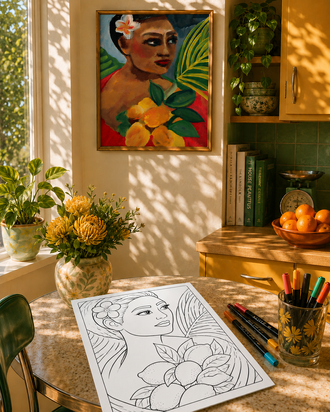 Lucie Walker original painting Lemons next to colouring book page adaptation for Women & Whimsy Colouring Book 