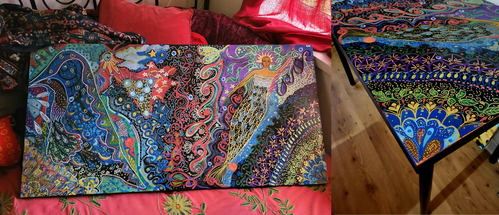 mystycal magical mermaid and bird talbe done entirely with posca acrylic markers