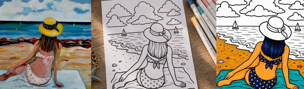 colouring page sample from original painting to line art to coloured page of Women & Whimsy Colouring Book by Lucie Walker