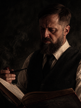 Düsteres Victorian-Noir-Porträt eines bärtigen Mannes mit Pfeife und altem Buch. Warme Sepiatöne, Rauch und dramatisches Licht erschaffen eine geheimnisvolle Atmosphäre im viktorianischen Sti