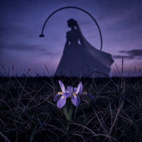 A lavender-and-yellow iris in a dark field beneath the shadow of a bride encircled by an unexplained curved structure, with thorny brambles in the foreground.