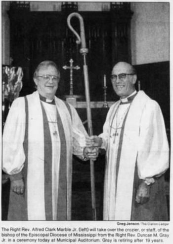 Prior Bishop Mississippi Bishop Duncan Gray, passing the staff to Chip as his Bishop's Commemoration
