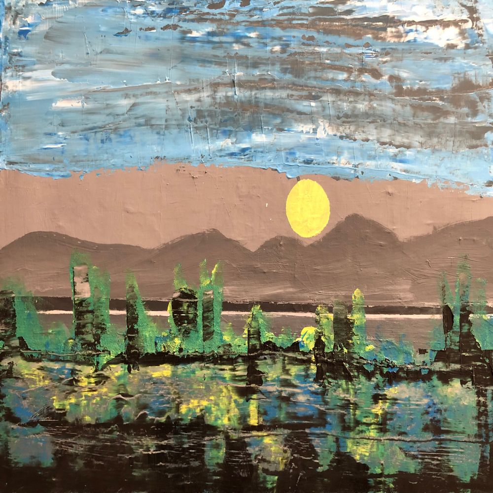 Waldrop and Sky Band indie pop song dessert with hill and moon rising artwork for Kiss the Night Away