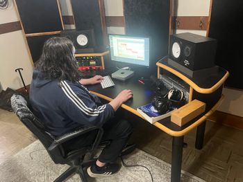Stuart performing his wizardry at the desk, mixing the guitars Adrian just finished for the track "Thanks For Nothing!" on Day 1 of recording Moonsploot's debut album. August 2nd, 2026
