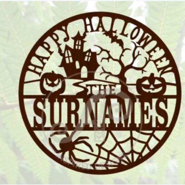 Custom Haunted House & Spider Web Family Name Halloween Sign