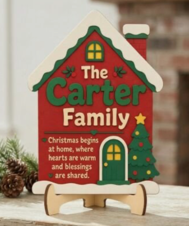 Personalized "Christmas Begins at Home" Wooden House Sign