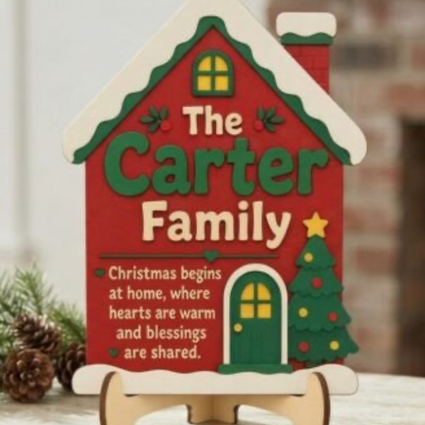 Personalized "Christmas Begins at Home" Wooden House Sign