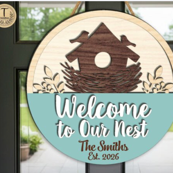 16" Round "Welcome to Our Nest" Personalized Door Sign