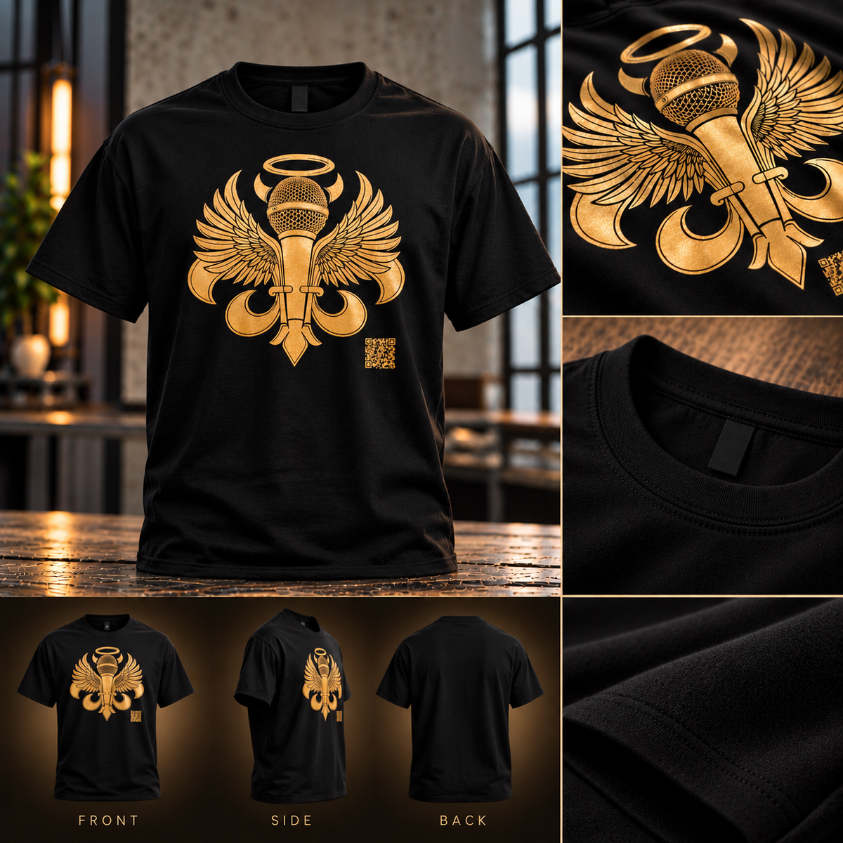 "NEW" BLACK T SHIRT/GOLD LOGO/GOLD QR