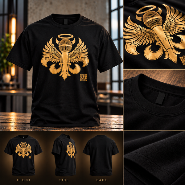 "NEW" BLACK T SHIRT/GOLD LOGO/GOLD QR