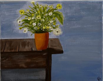 "Flowering Plant on Table", acrylic

