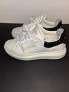 PRE-OWNED -GOOD Women Valentino size 7.5 White/Black Low Top Lace Up Sneakers Studded Heel Tab Athletic