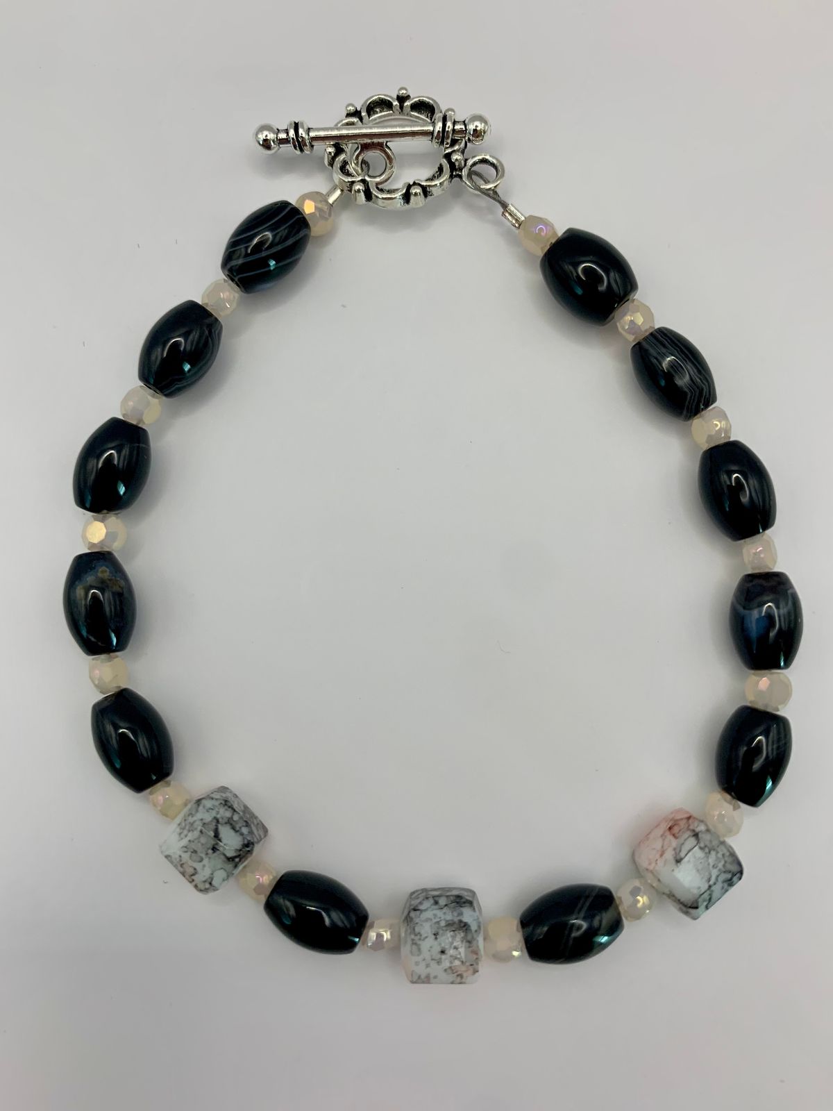Black Onyx and Pink Cube Bead Bracelet