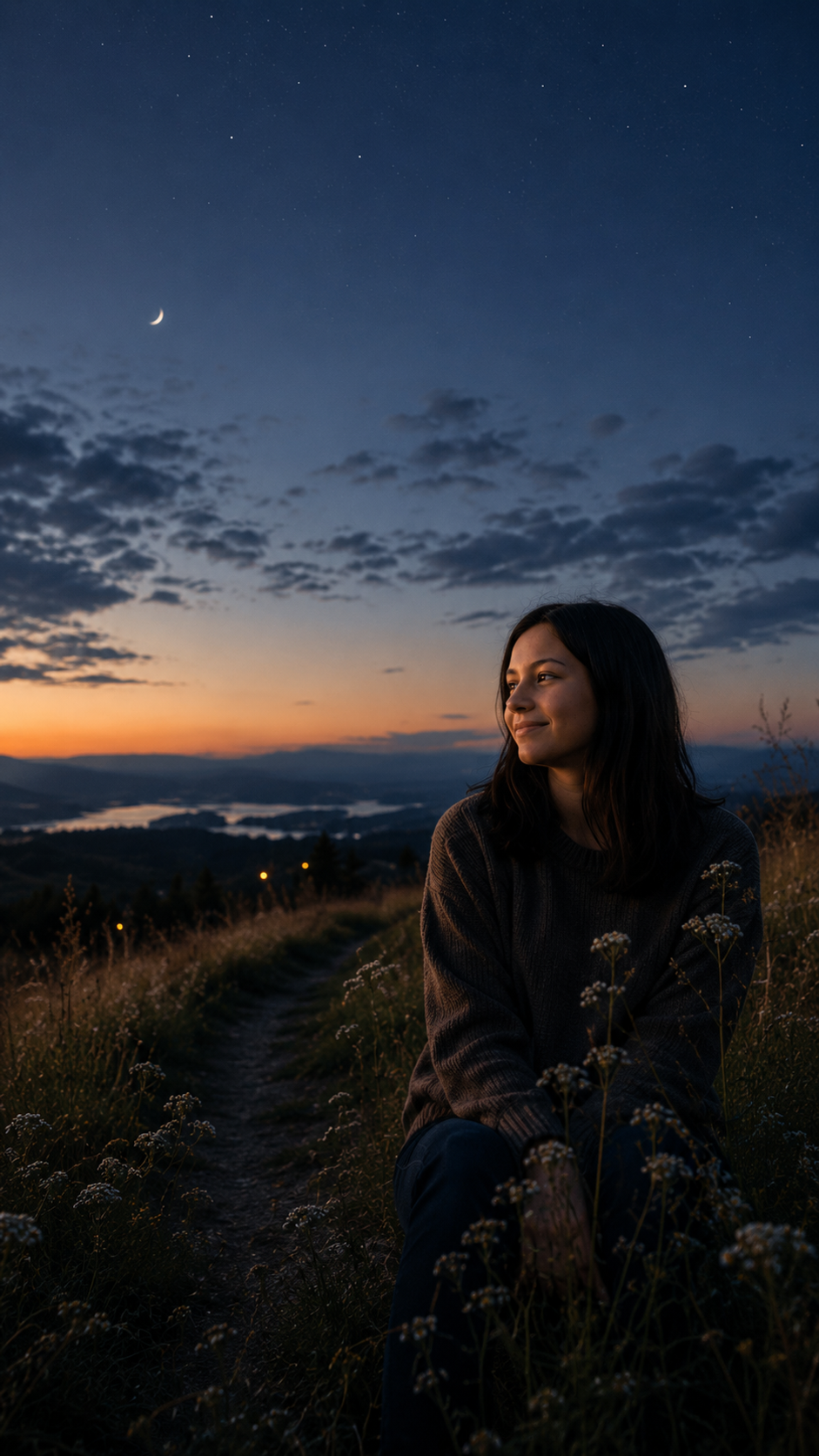 Talamelia sitting in a wildflower field at twilight beneath a crescent moon.