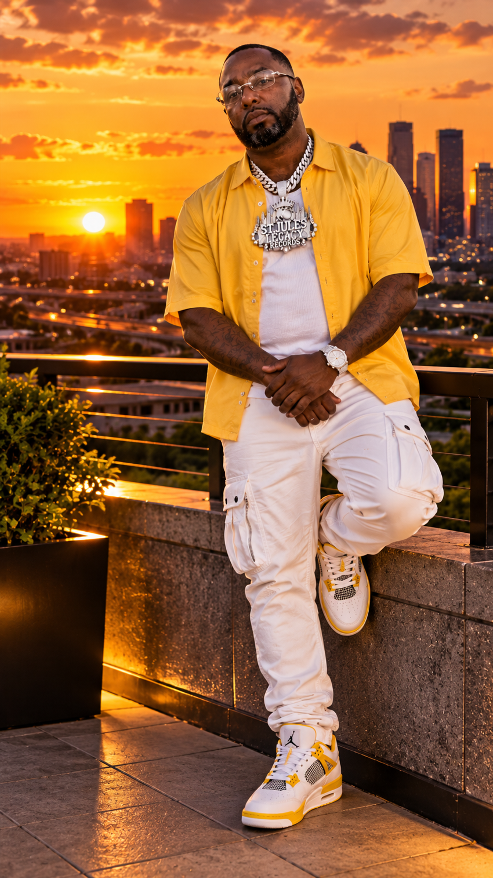 Rosewood Jules portrait against Houston skyline at sunset, wearing St. Jules Legacy Records chain
