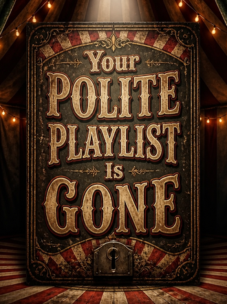 Scarlett Relic vintage circus marquee inside a red-and-gold striped tent, ornate gold lettering reading Your Polite Playlist Is Gone, with a keyhole at the bottom.