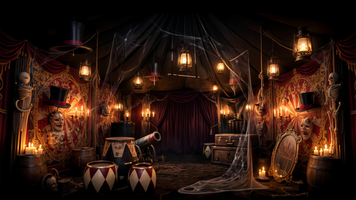 Scarlett Relic An empty dark-circus ring after hours, lit by lanterns, with red drapes, cobwebs, drums, top hats, and a cracked mirror.