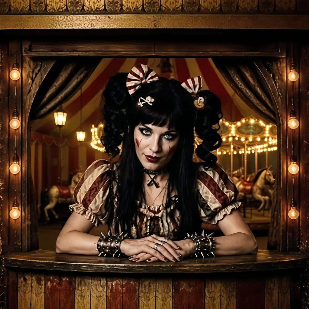 Scarlett Relic in a vintage circus ticket booth. Striped tent, carousel lights, sideshow posters.