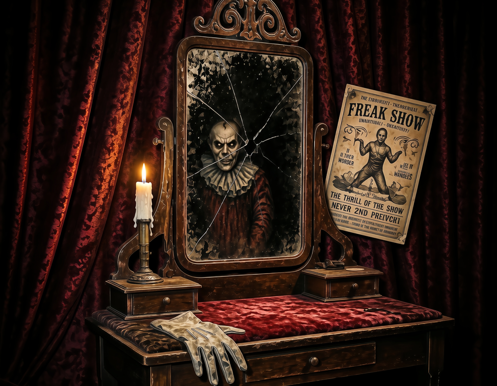 Scarlett Relic dressing table in a dark circus backstage. Cracked vanity mirror, worn glove on red velvet, candle, and a vintage freak-show poster.