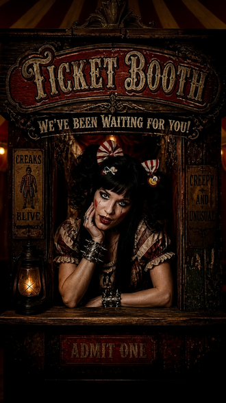 Scarlett Relic A vintage circus ticket booth at night, a performer leaning in the window under a sign that reads Ticket Booth and Admit One.