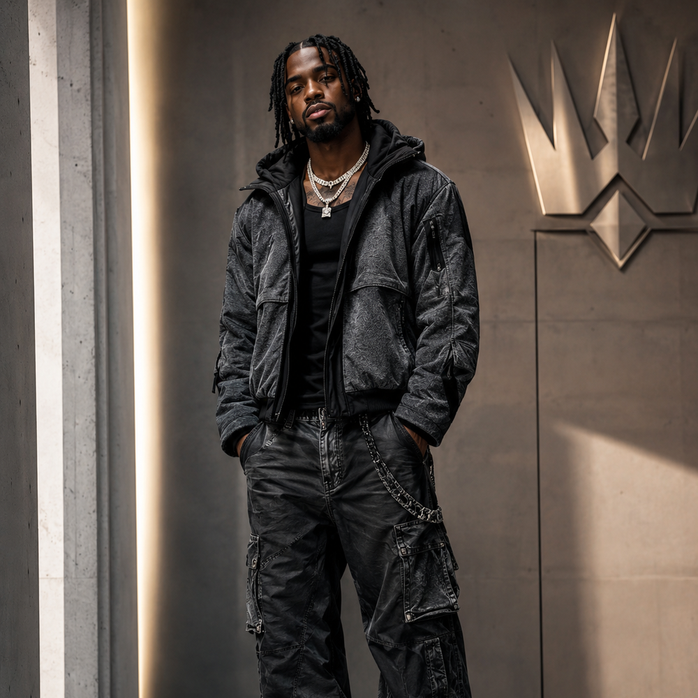 Tavian Rowe in dark streetwear before the Crown Assembly emblem