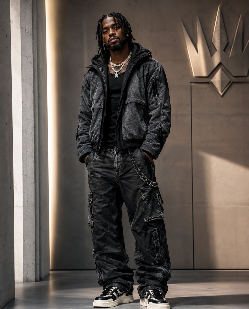 Tavian Rowe in a black layered outfit in the Crown Assembly studio