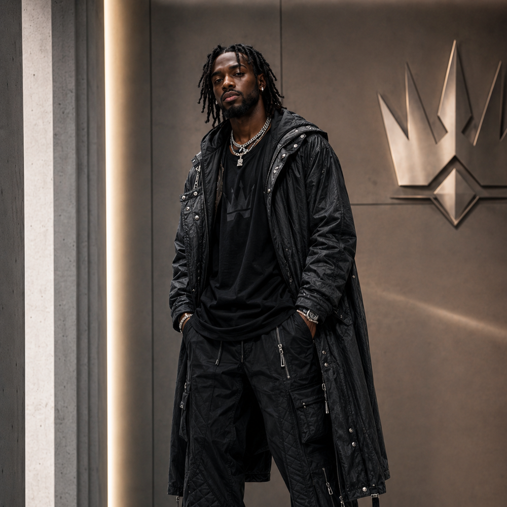Zaire Rowe in a black long coat before the Crown Assembly emblem