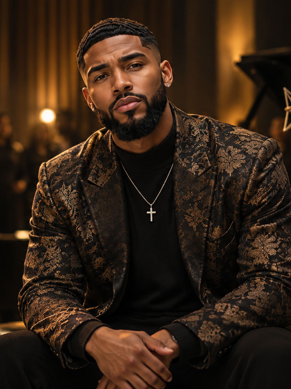 Maceo Raines seated in a patterned jacket for a Crown Assembly portrait