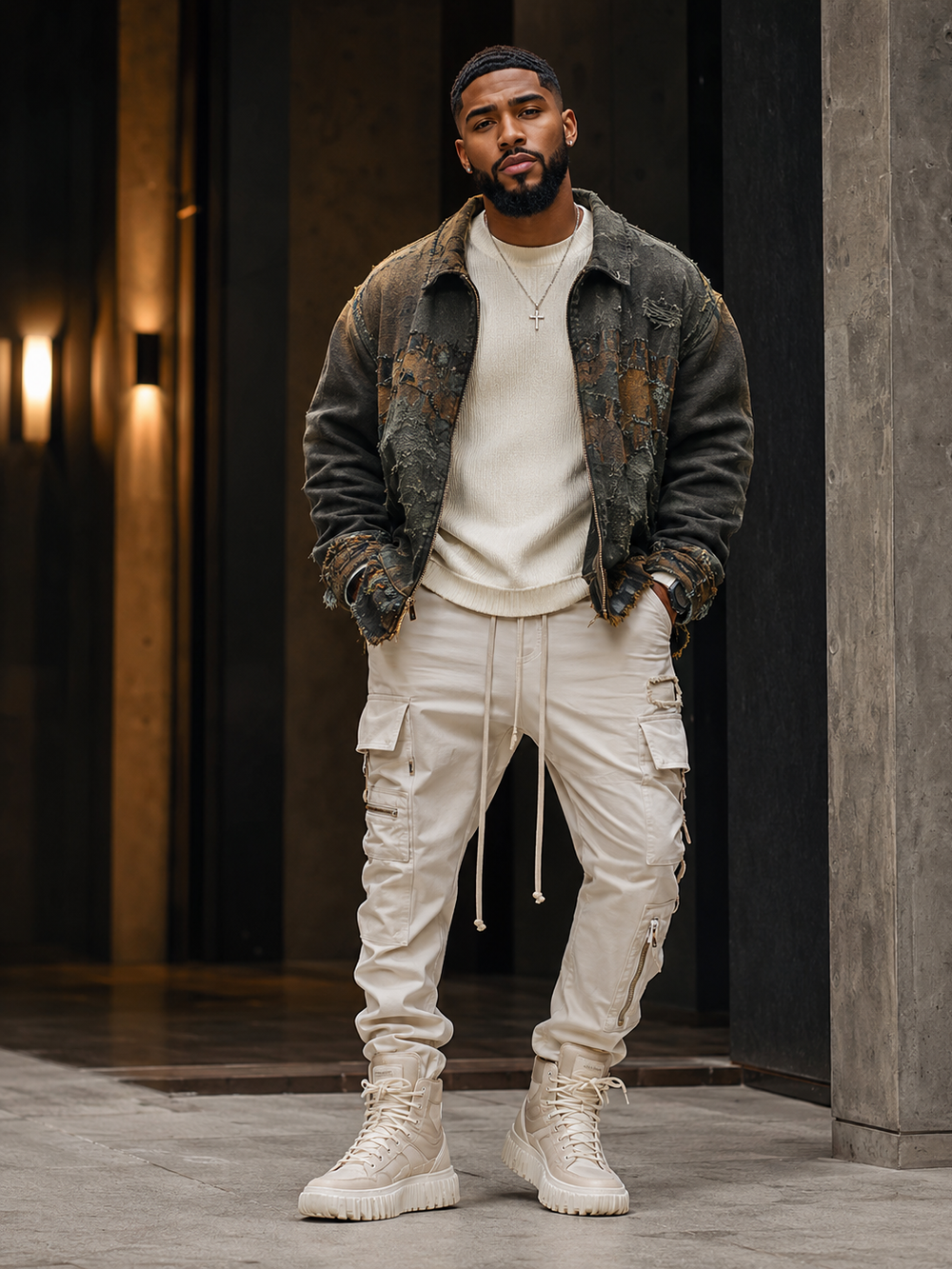 Maceo Raines in a charcoal jacket and cream outfit for Crown Assembly