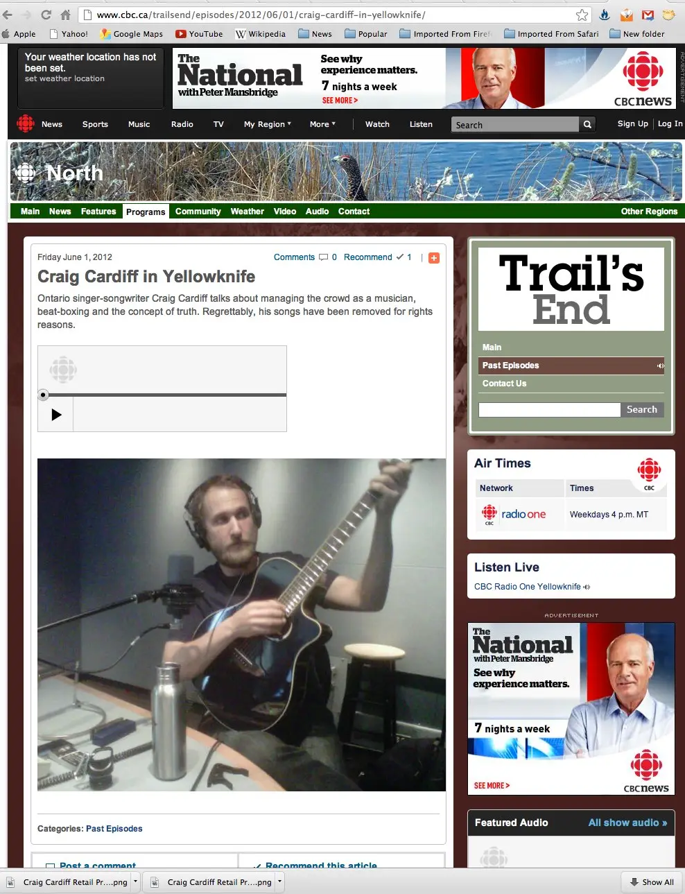 CBC North's Trail's End page for Craig Cardiff in Yellowknife, 1 June 2012