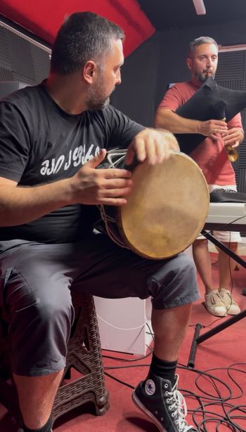 Bezhan Tsintsalashvili and Vako Tsetskhladze recording traditional Georgian folk instruments for the original track "Shepherd's Maiden" at Qartvelo Studio in Tbilisi, Georgia. Photo credit: Kimberly Cofer
