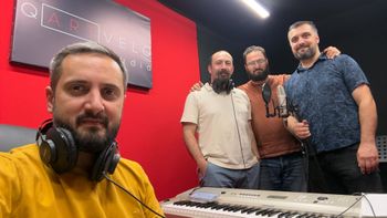 Producer Bezhan Tsintsalashvili and Trio Melodia at Qartvelo Studio in Tbilisi, Georgia. Photo credit: Bezhan Tsintsalashvili

