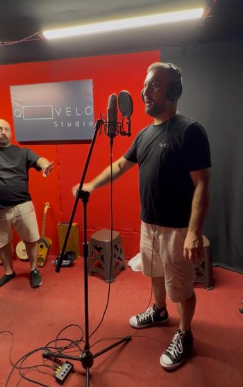 Vakho Tsetskhladze and Giga Chkhapelia of Trio Melodia recording a track for the album "Alersi" at Qartvelo Studio in Tbilisi, Georgia. Photo credit: Kimberly Cofer
