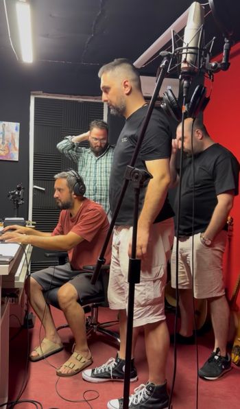 Trio Melodia and Producer Bezhan Tsintsalashvili at Qartvelo Studio in Tbilisi, Georgia. Photo credit: Kimberly Cofer
