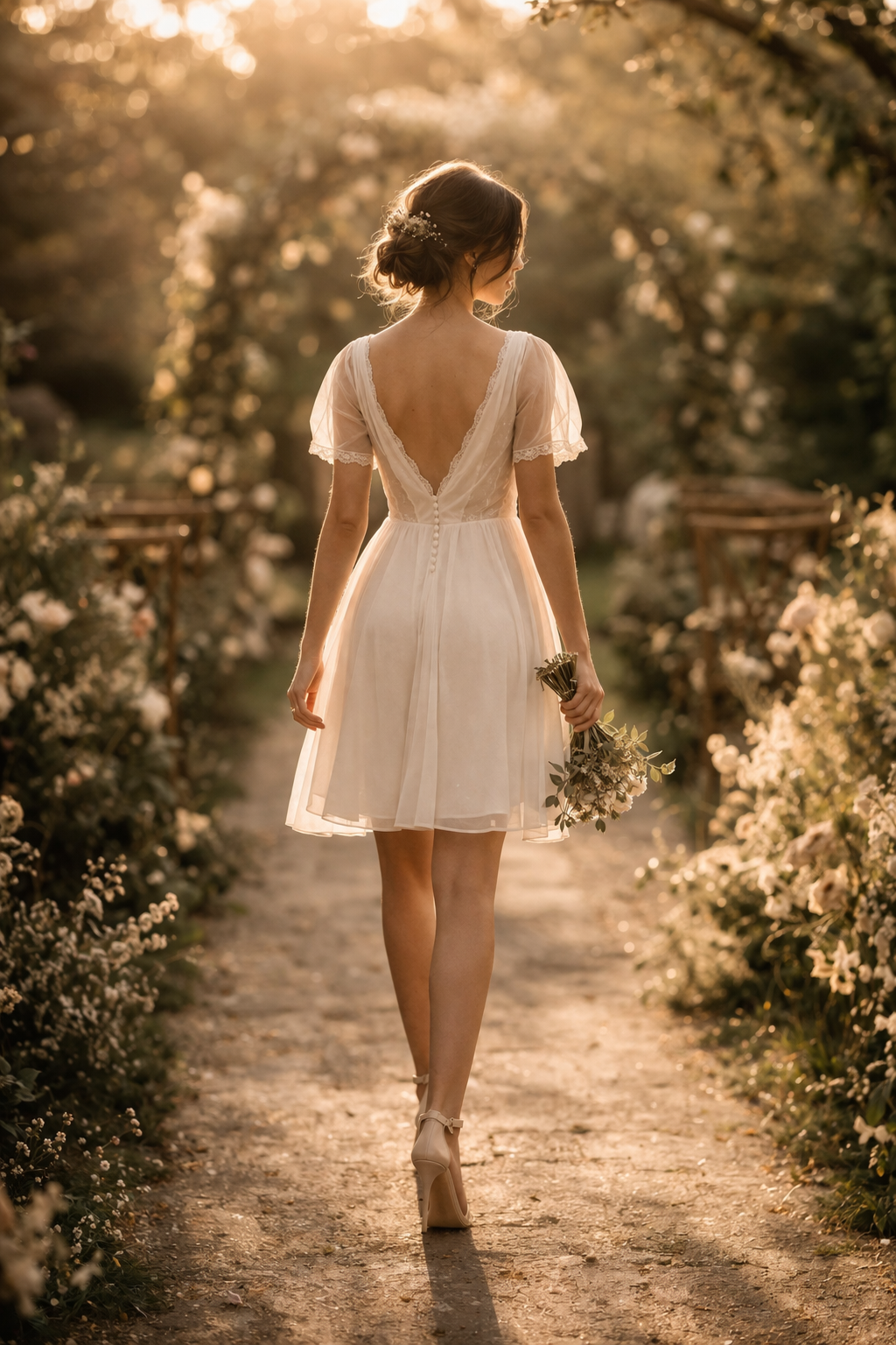 Bride in a short wedding dress walking down a garden aisle, relaxed outdoor wedding ceremony with light and modern string music