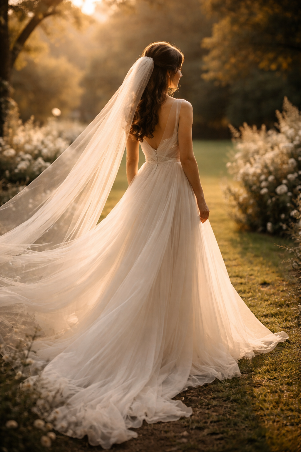 Bride in a flowing wedding dress walking down a garden aisle, outdoor ceremony with soft natural light and live string music