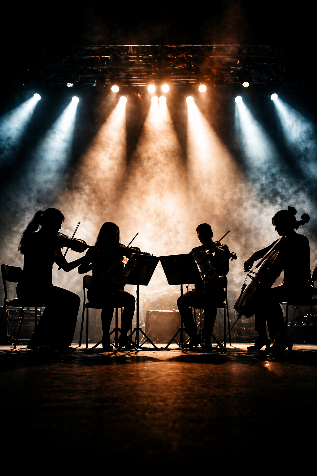 Silhouette of a string quartet performing on stage with dramatic lighting, blending classical instruments with a live heavy metal concert atmosphere