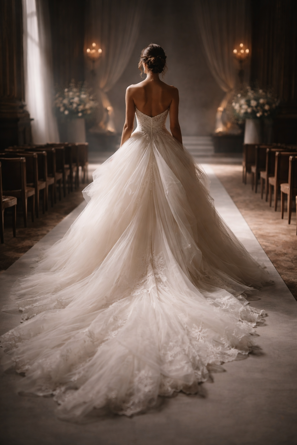 Bride in a dramatic couture wedding gown with a long train walking down a grand interior aisle, elegant wedding with string quartet