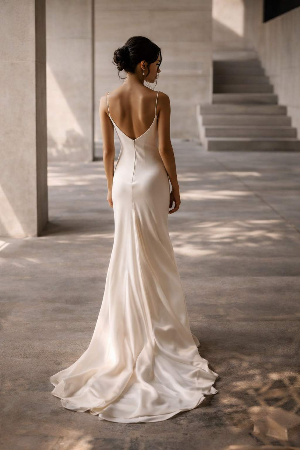 Bride in a minimalist satin wedding dress walking down a modern aisle, clean architectural setting with string ensemble music