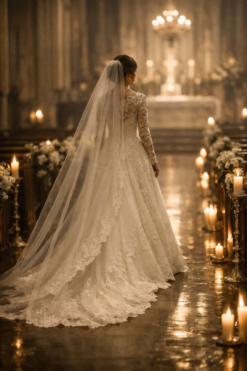 Bride in a structured lace wedding gown with a cathedral train walking down a church aisle, formal wedding ceremony with string quartet music