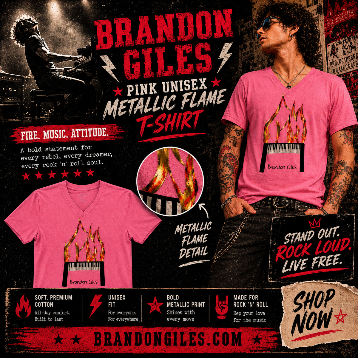 Brandon Giles Pink Unisex Metallic Flame T Shirt 